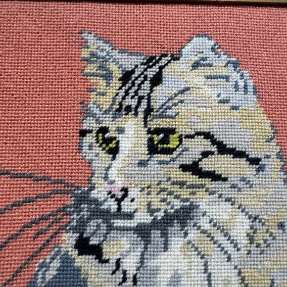 Gray Tabby Cat Framed Needlepoint Peach Background Framed 10x12 Cat Lady Gift - Picture 4 of 11